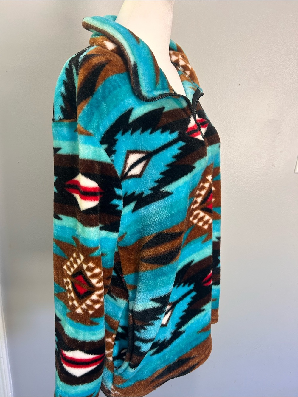 Trail Crest Plush Aztec Quarter-Zip Pullover Jacket Turquoise Brown w pockets - Picture 2 of 5